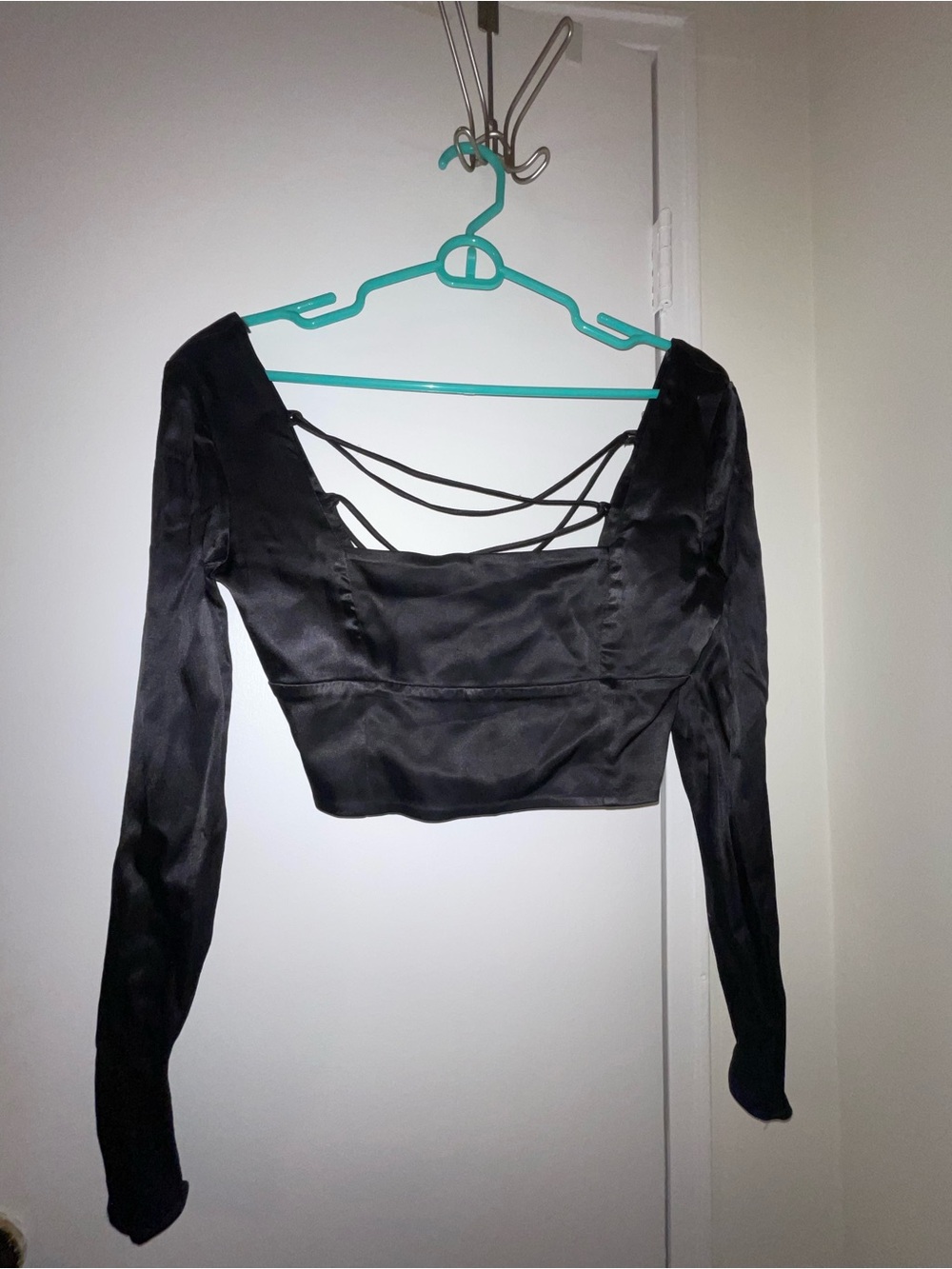 Zara Black Satin Long-Sleeve Strappy Back Crop Top
